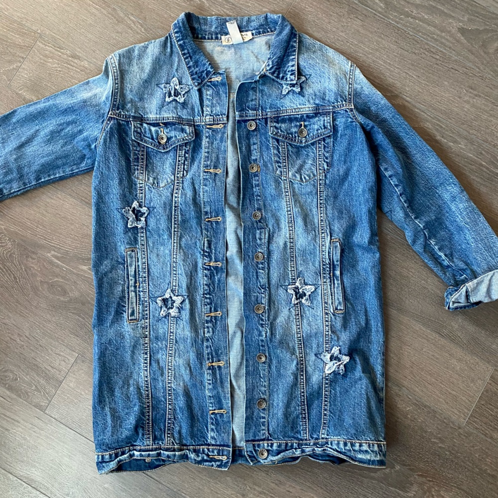 Women’s Long Denim Jacket with Star Patchwork